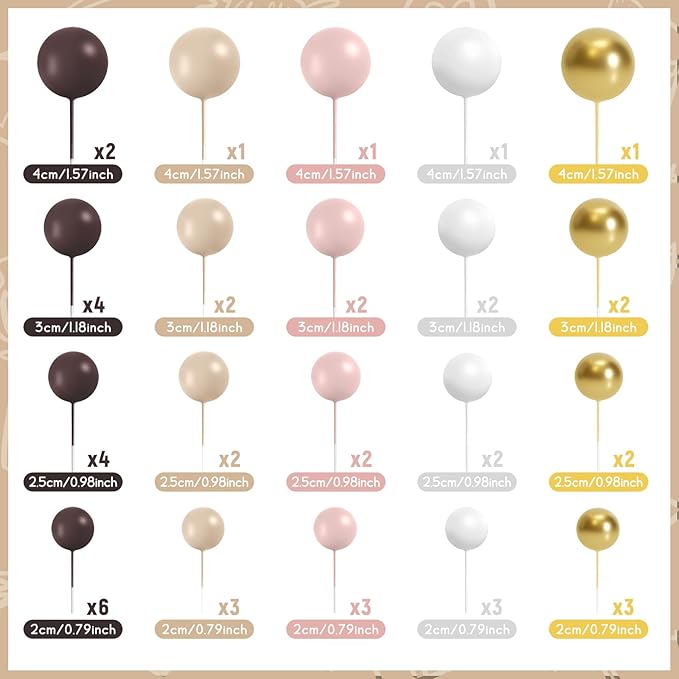 48 Pcs Balls Cake Topper Decorations Balloon Cupcake Toppers Foam Cake Topper Balls for Birthday Party Wedding Cake Decorating(Brown,White,Gold)