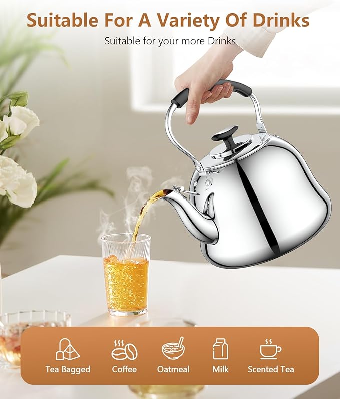 2L Whistling Stovetop Tea Kettle - Food Grade Stainless Steel Teapot with Fast Boil, Wide Mouth, Anti-Scalding Handle, Ideal for Stove Top – Perfect for Tea, Coffee & Hot Water