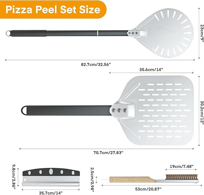 4PCS Pizza Oven Accessories, Yofuly 12 Inch Perforated Pizza Peel, 9 Inch Round Turning Peel, Pizza Stone Cleaning Brush with Scraper, Rocker Cutter, Homemade Pizza Supplies Tools Kit