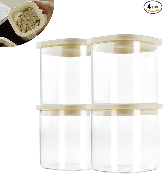 4pcs 25oz Square Pantry Glass Jars with Clear Airtight Lids Kitchen Canisters Sets for Flour, Sugar Refrigerator Safe, Patent Approved