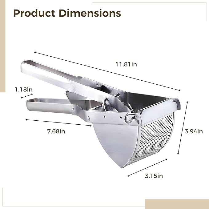 Stainless Steel Potato Ricer, Large Potato Masher, Rust-Resistant Kitchen Tool with Ergonomic and Non-Slip Handle, Versatile Food Masher for Various Ingredients
