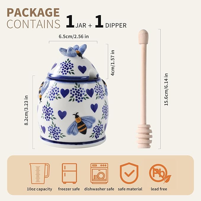 ZOOBEE Ceramic Honey Pots with Dipper and Lid Farmhouse Style,10oz Honey Dispenser No Drip,Handpainted Honey Jars with Bees,Easily Wash-Deep Love