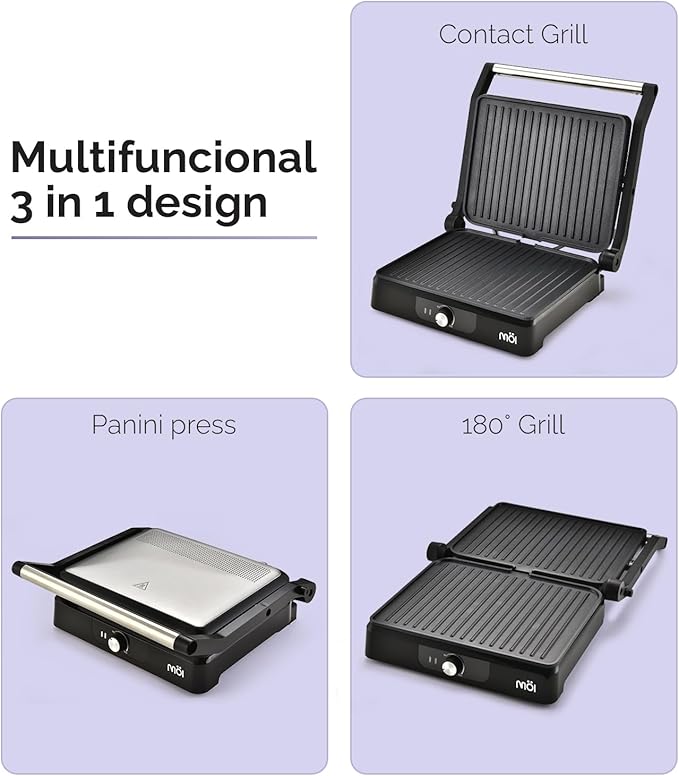 MOI Panini Press Grill & Sandwich Maker - 180° Dual-Plate Stainless Steel Grill Press for Paninis, Grilled Cheese, Burgers, Quesadillas, Breakfast, and More - 11 x 9 Inch Panini Maker with Drip Tray