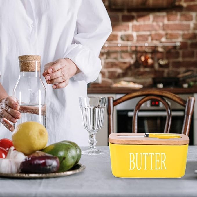 Ceramic Butter Dish with Wooden Lid, Large Butters Container Keeper Storage with Stainless Steel Knife Spreader, Bamboo Cover and Silicone Sealing Ring for West East Coast, Yellow
