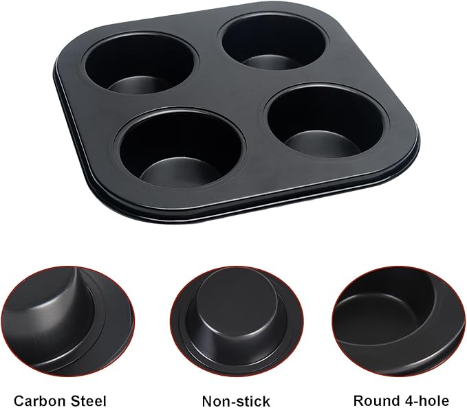 4 Cup Muffin Pan, Bakeware Non-stick Cupcake Baking Pan Mini Pie Pans, Air Fryer Small Oven Cupcake Baking Pan Non Stick No Toxic Bakeware, Heavy Duty Carbon Steel Muffin Tray for Oven Baking (2PCS)