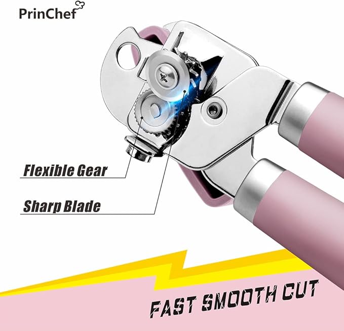 PrinChef Can Opener Manual, Can Tin Bottle Opener with Magnet - No-Trouble-Lid-Lift, Handheld Can Opener Smooth Edge with Sharp Blade, Heavy Duty and Easy to Use, for Seniors with Arthritis, Pink