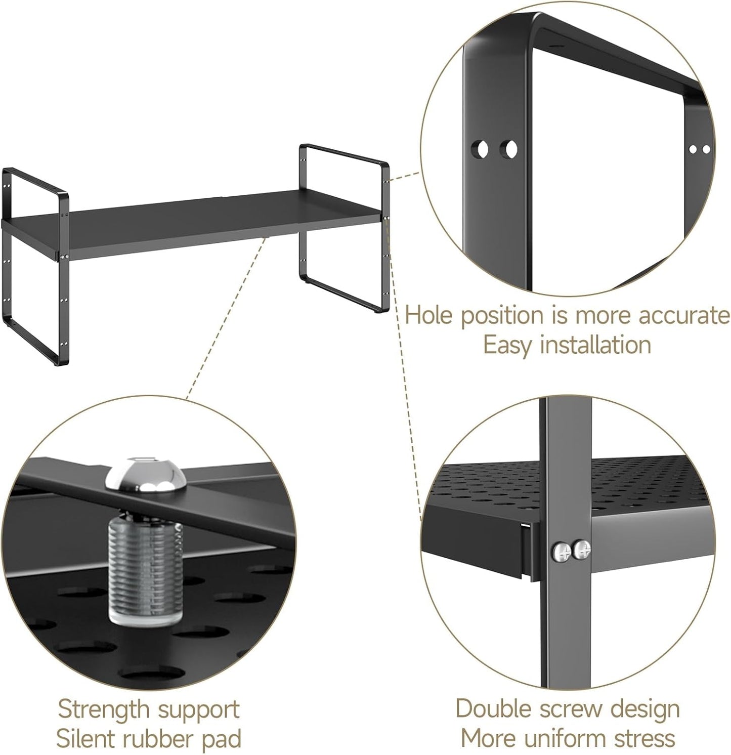 Hole Pattern Expandable Shelf Organizer,2Pack 10.2" Wide Easy to Assemble Cabinet Organizer Shelf, 16.5~27.1" Adjustable Height&Stackable Spice Organization for Cupboard, Black