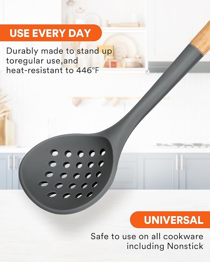 Kitchen Ladle Strainer, Large Slotted Spoon with High Heat Resistant BPA Free, Non Stick Cooking Skimmers For Draining & Frying, 13.2inch (Grey)