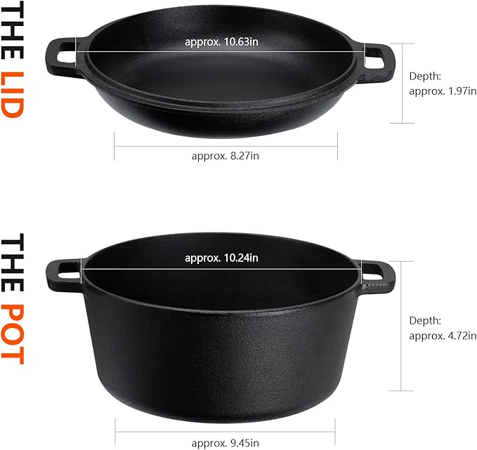 Overmont 2 in 1 Pre Seasoned Dutch Oven with Skillet Lid for Induction, Electric, Grill, Stovetop, BBQ, Camping (5 Quart)