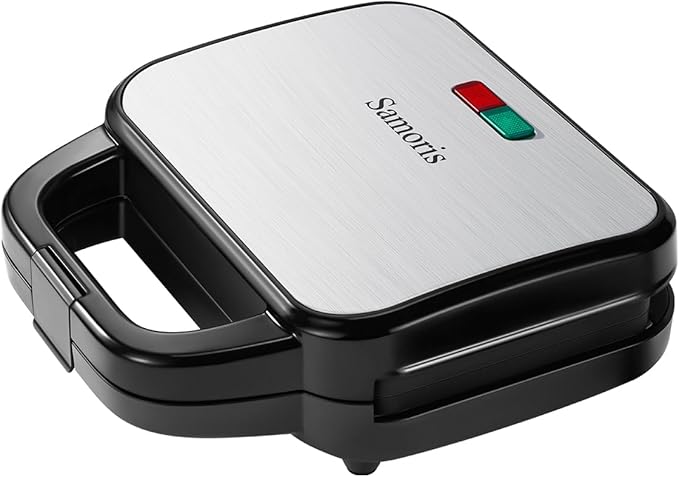 Samoris Waffle Iron, 8 inch 2 Slice Non-Stick Removable Plates for Easy Cleanup, Sandwich Maker,Make Breakfast and Snacks, LED Indicator Lights, Cool Touch Handle, 870W Black and Silver