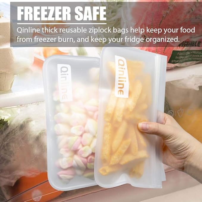 Reusable Food Storage Bags - 24 Pack Dishwasher Safe Freezer Bags, BPA Free Reusable Bags PEVA material, Leakproof Reusable Lunch Bag for Salad Fruit Travel - 8 Gallon 8 Sandwich 8 Snack Bags
