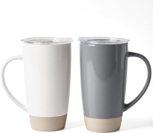 famiware Milkyway Coffee Mugs, 20oz Large Coffee Mug, Ceramic Mug Set of 2 with Lid, Cup Set with Handle for Latte, Tea, Cocoa, Milk, Home & Office, White and Dark Gray