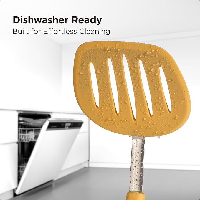 Kitchen Mama WaltzGrip Platinum Silicone Pancake Spatula Turner: Heat-Resistant, Slotted Tapered Head, Stainless Steel Core, Durable, Dishwasher-Safe, Ideal for Flipping and Wok Use (Yellow)