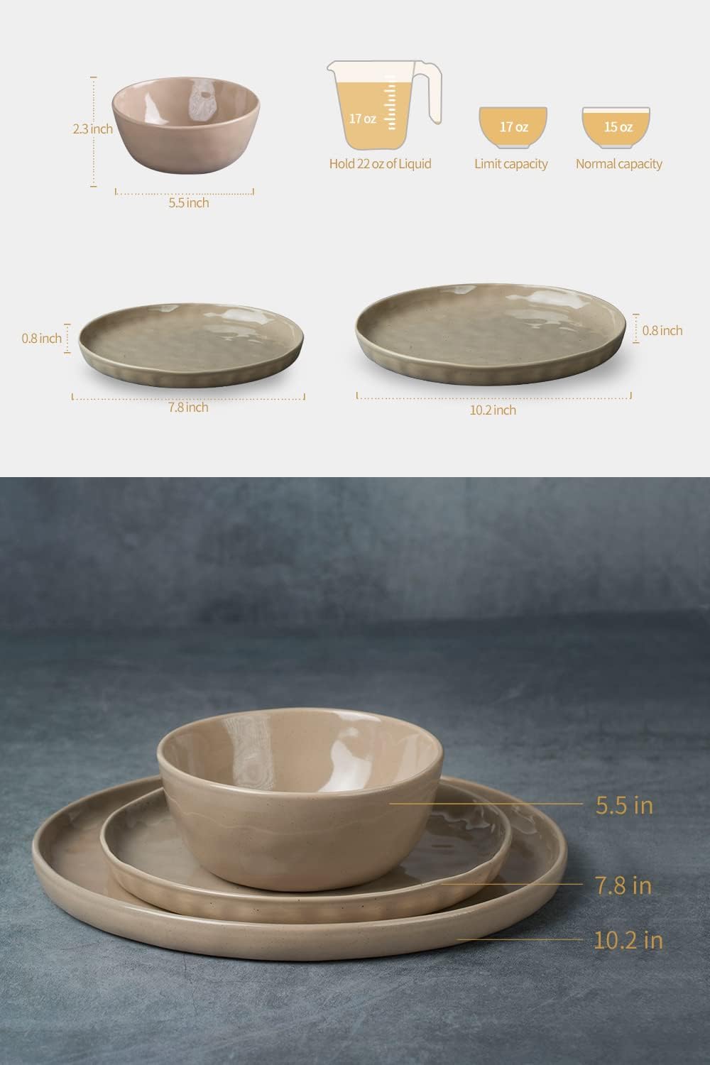 Famiware Mars Plates and Bowls Set, 24 Pieces Dinnerware Sets, Dishes Set for 8, Cinnamon Brown