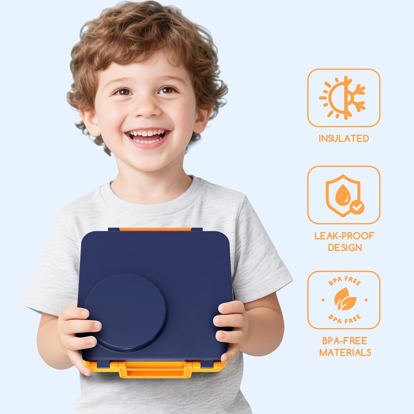 Bento Box for Kids - Leak-Proof Lunch Box with Insulated Thermos Food Jar - 4 Compartments, 1 Removable Divider, 1Spoon, 1 Fork - Dishwasher Safe, BPA-Free (Navy blue)