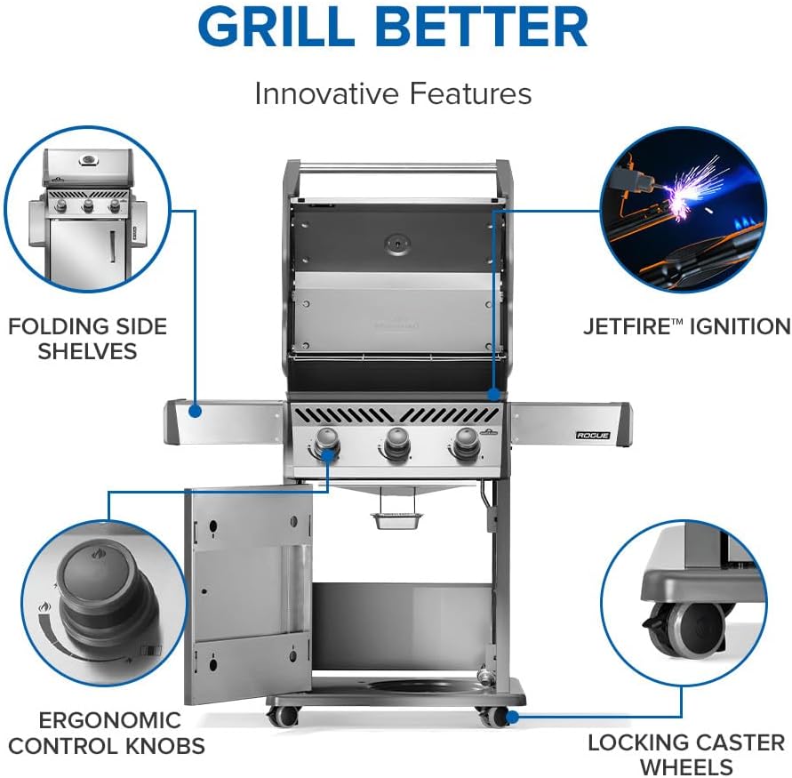 Napoleon Rogue 425 Propane Gas Grill, Stainless Steel, Durable 3-Burner Grill