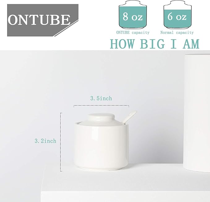 ONTUBE Ceramic Sugar Bowl with Lid and Spoon,Porcelain Seasoning Box Salt Bowl,8oz White