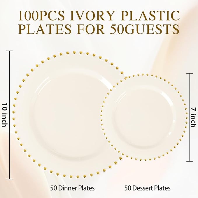 supernal 100pcs Ivory Plastic Plates with Gold Beads - Heavy Duty Elegant Disposable Plates Set Include 50 Cream Plastic Dinner Plate and 50 Dessert Plate Perfect for Wedding, Birthday & Party