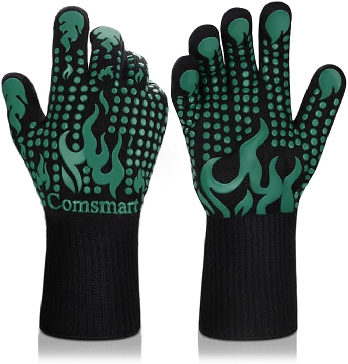 Comsmart BBQ Gloves, 1472°F Heat Resistant Grilling Gloves Silicone Non-Slip Oven Gloves Long Kitchen Gloves for Barbecue, Cooking, Baking, Short, Green
