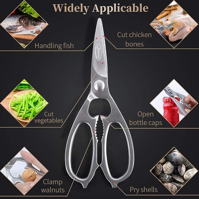 Newness Multi-Purpose Kitchen Scissors, Premium Stainless Steel Solid Kitchen Shears for Can Opener, Walnut Cracker, Heavy Duty Poultry Scissors with Sharp Blade for Cutting Turkey, Chicken, Bones