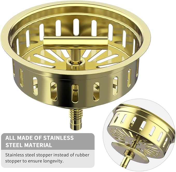 KONE 3-1/2 Inch Kitchen Sink Drain Assembly Stainless Steel Gold Kit with Strainer Basket/Rubber Stopper, Rustproof Durable Gold Finish Replacement for Standard Commercial Sink Drains