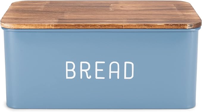 Nat & Jules Matte Blue 12 x 7 Metal Enamel Rubber Wood Lidded Bread Box