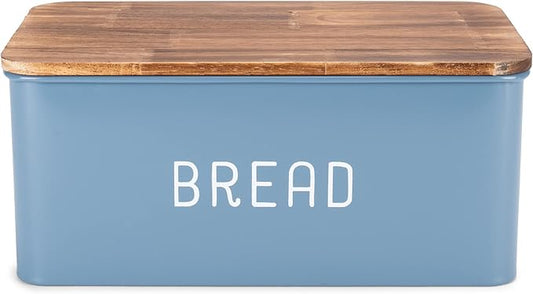 Nat & Jules Matte Blue 12 x 7 Metal Enamel Rubber Wood Lidded Bread Box