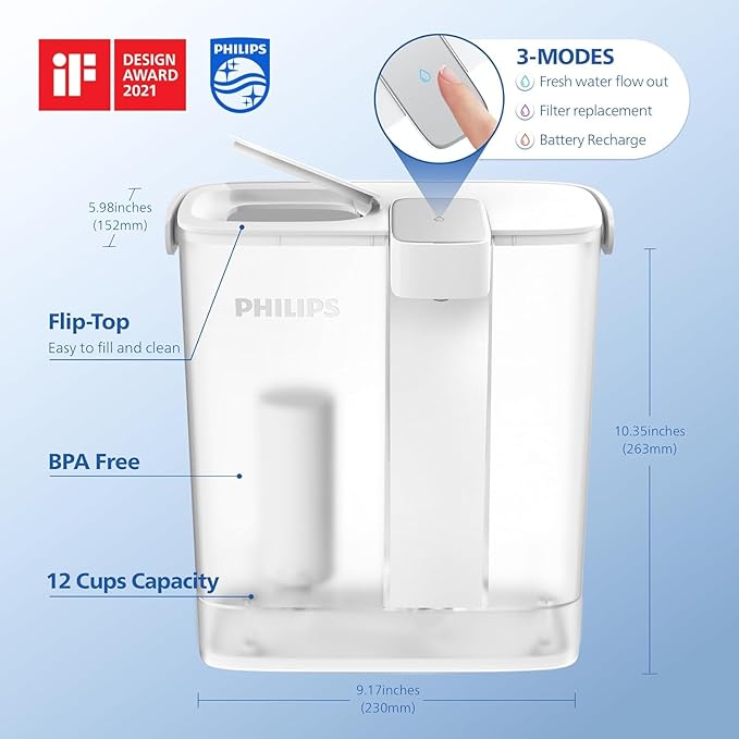 PHILIPS GoZero Next-gen Instant Water Filter Pitcher, Rechargeable Battery, Mirco-X Clean Technology, 3L 12 Cups, 1L/min Fast Flow, Countertop Filtered Water Purifier Jug for Tap Water, 1 Filter