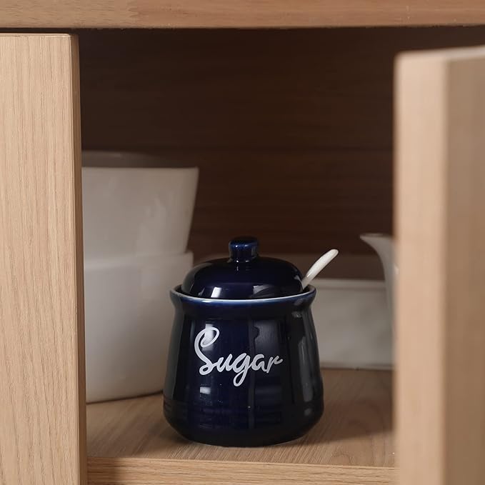 HAOTOP Farmhouse Porcelain Sugar Bowl with Lid and Spoon 12oz,Easy to Clean (Navy)