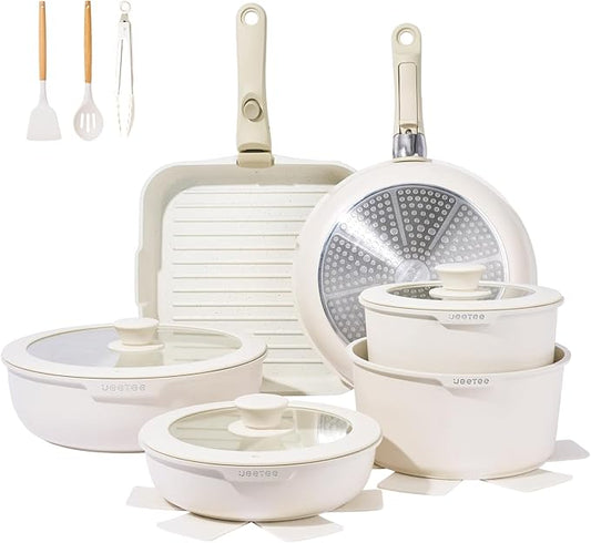JEETEE Pots and Pan Set Non Stick 25pcs, Cookware Set with Removable Handle, Induction Kitchen Cooking Sets with Detachable Handle, RV Camping Stackable Pots Pans, Oven Safe, PFOA Free, Beige