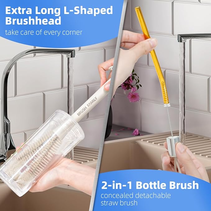 2 Pack Dish Brush Set with Dish Brush with Handle and 2-in-1 Water Bottle Brush with Removable Straw Brush for Bottles Cups, Dish Scrub Brush with Scraper Tip for Dishwashing Pans Pot Sink