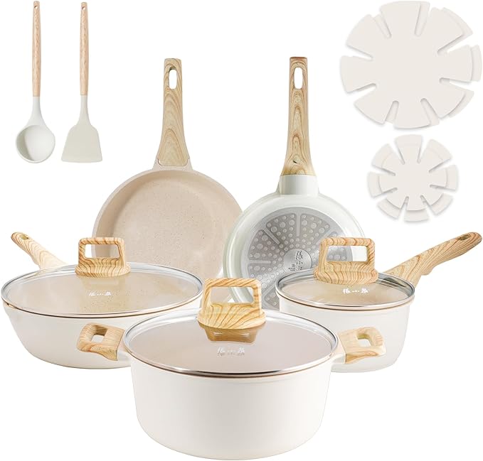 ZHANG XIAO QUAN SINCE 1628 Pots and Pans Set with Lids, 14 PCS Cast Aluminium Non Stick Ceramic Coating Granite Cookware Set, Non-toxic Kitchen Essentials, Beige