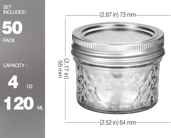 VERONES Mason Jars Canning Jars, 4 OZ Jelly Jars With Regular Lids and Bands, Ideal for Jam, Honey, Wedding Favors, Shower Favors, DIY Spice Jars, 50 PACK