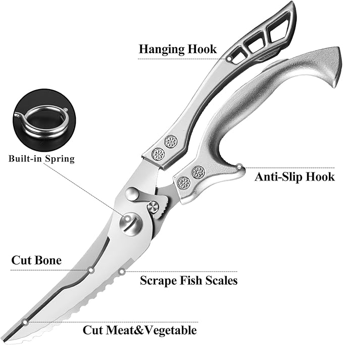 Poultry Shears Heavy Duty Professional, Multipurpose Kitchen Shears with Sheath, Spring-Loaded Stainless Steel Chef Scissors Cutting Bone, Chicken, Fish, Food, Meat, Full Steel Handle Silver