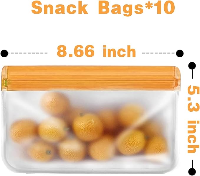 Reusable Snack Bags Dishwasher Safe,10Pack Reusable Bags Silicone Extra Thick Leak-proof Reusable Freezer Bags for Candy, Snack, Cereal, Travel Items, Home Organization（Orange）