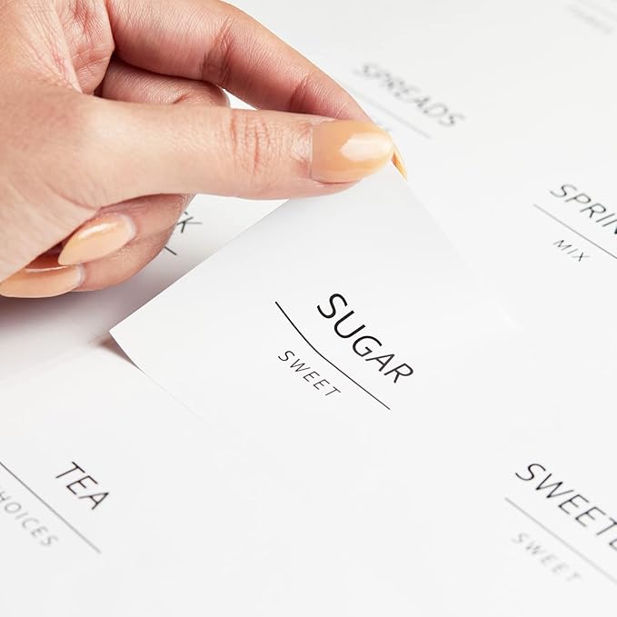 Talented Kitchen 144 Pantry Labels for Containers, Food Storage - Preprinted Black All-Caps on Matte White Vinyl Stickers for Minimalist Style Kitchen (Water Resistant)