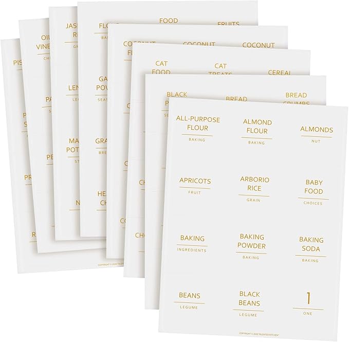 Talented Kitchen Labels for Storage Bins & Food Containers - 2.5 x 2.5-Inch Matte White Vinyl Squares - Metallic Gold Text Peel & Stick - Water-Resistant for Jars & Pantry Organization