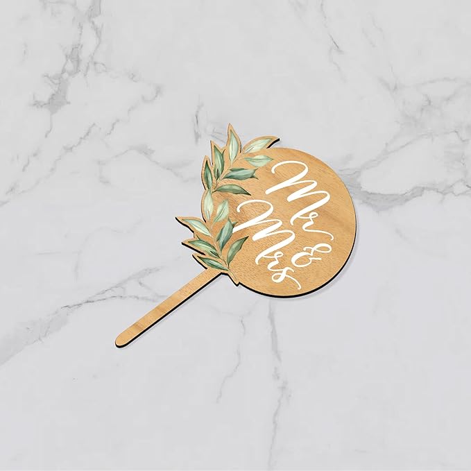 12 PCS Greeny Wedding Cupcake Toppers in Wood Mr & Mrs Engagement Cupcake Decorations
