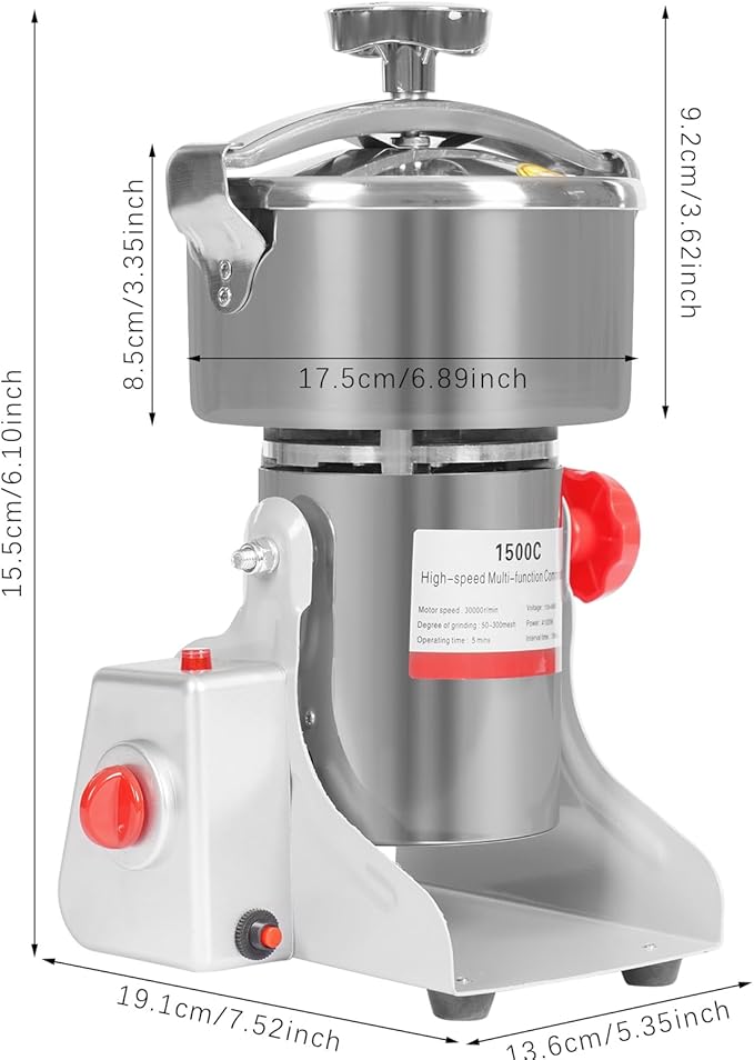 Electric Grain Mill Grinder High Speed 30000r/min Powder Machine Grain Spice Herb Grinder Dry Grinder Machine Stainless Steel Powder Grinder for Dry Spice Herbs Grains Coffee Rice Pepper (1500g 4100W)