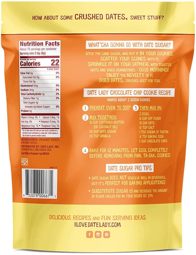 Date Lady Organic Date Sugar, 1 lb | Vegan, Paleo, Gluten Free & Kosher | Alternative Sweetener for Baking | Will Not Dissolve in Coffee (1 Bag)