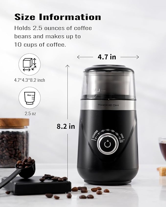 Electric Coffee Grinder with Timing Knob, Electric Quiet Grinder, High-Speed Bean and Spice Grinder with Removable Stainless Steel Bowl, Black