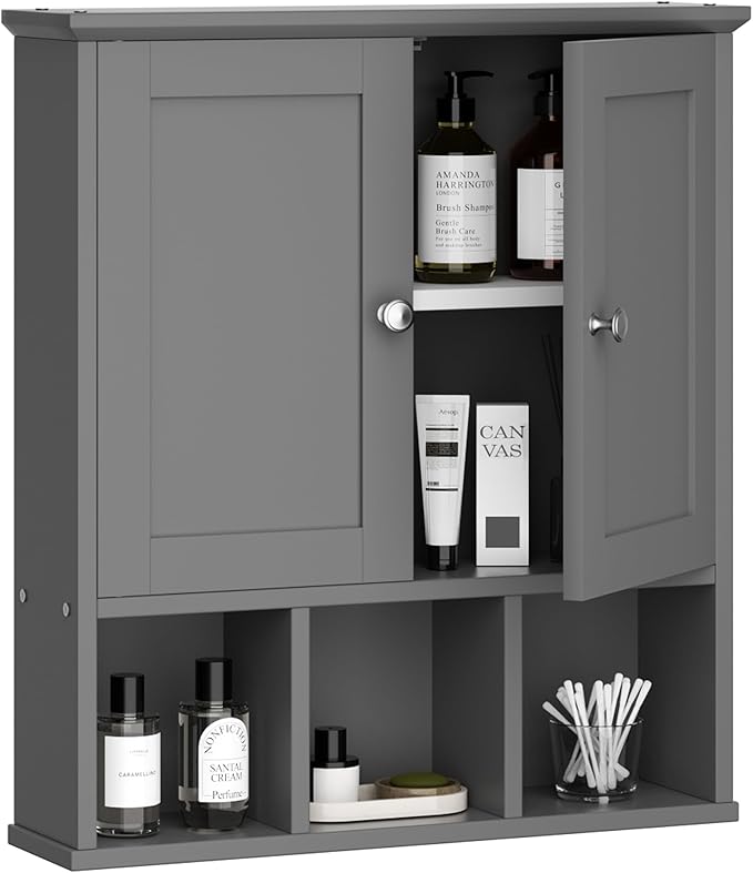 Shintenchi Bathroom Wall Cabinet with Door, Storage Organizer Over The Toilet Medicine, Space Saving with Adjustable & Open Shelf, Gray