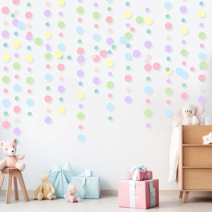 Outus 5 Pieces Colorful Dots Paper Garland Round Glitter Garland Hanging Confetti Streamers Backdrop Decoration for Birthday Classroom Candy Sprinkles Trunk or Treat Party (Pastel)