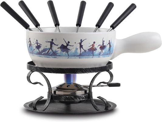 Artestia Swiss Fondue Set for Party - 2L Large Capacity Cheese Fondue Pot Melting Chocolate, Ceramic Fondue Pot, 6 Fondue Forks, Christmas, Wedding Gifts (AR-83107 (Ice Dancer))