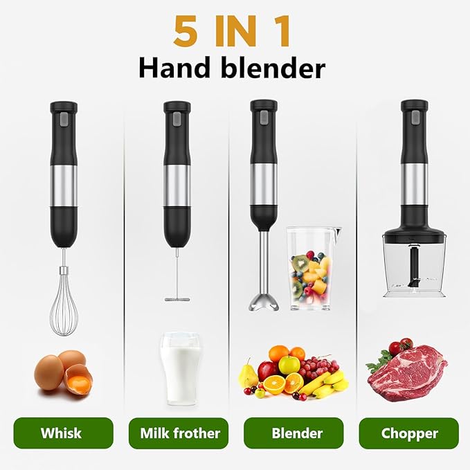 Cordless Immersion Hand Blender, 5-in-1 Variable Speed blender handheld,Rechargeable with 2000mAh Battery, BPA-Free & Dishwasher-Safe Accessories:700ml Beaker,Chopper,Whisk & Milk Frother,Black