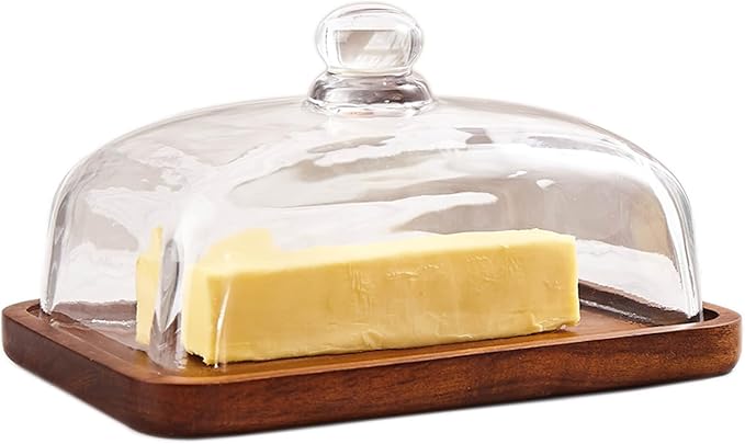 butter dish with lid, glass airtight lid keeps butter soft, for countertop and refrigerator. Widened design to fit all butters. Covered butter dishes with, Made of glass and Acacia wood.