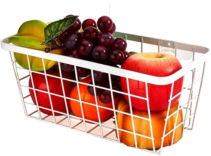 LeleCAT White Hanging Kitchen Baskets For Storage Adhesive Sturdy Small Wire Storage Baskets No Drilling Wall Mounted Kitchen Food Pantry Bathroom Shelf Storage, 4 PACK,White