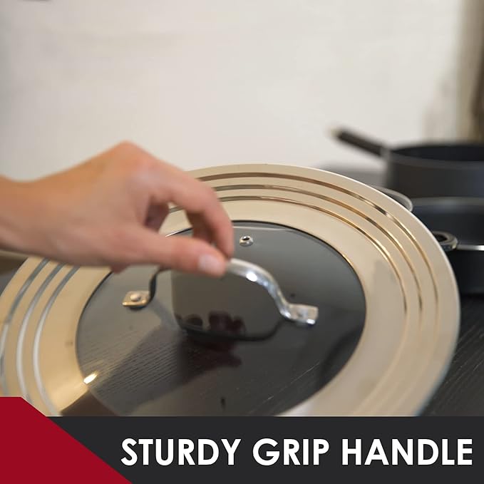 Stainless Steel Universal Lid for Pots, Pans and Skillets - Fits 7" to 12" Pot and Pans - Tempered Glass with Stainless Steel Rim Replacement Frying Pan Cover and Cast Iron Skillet Lid