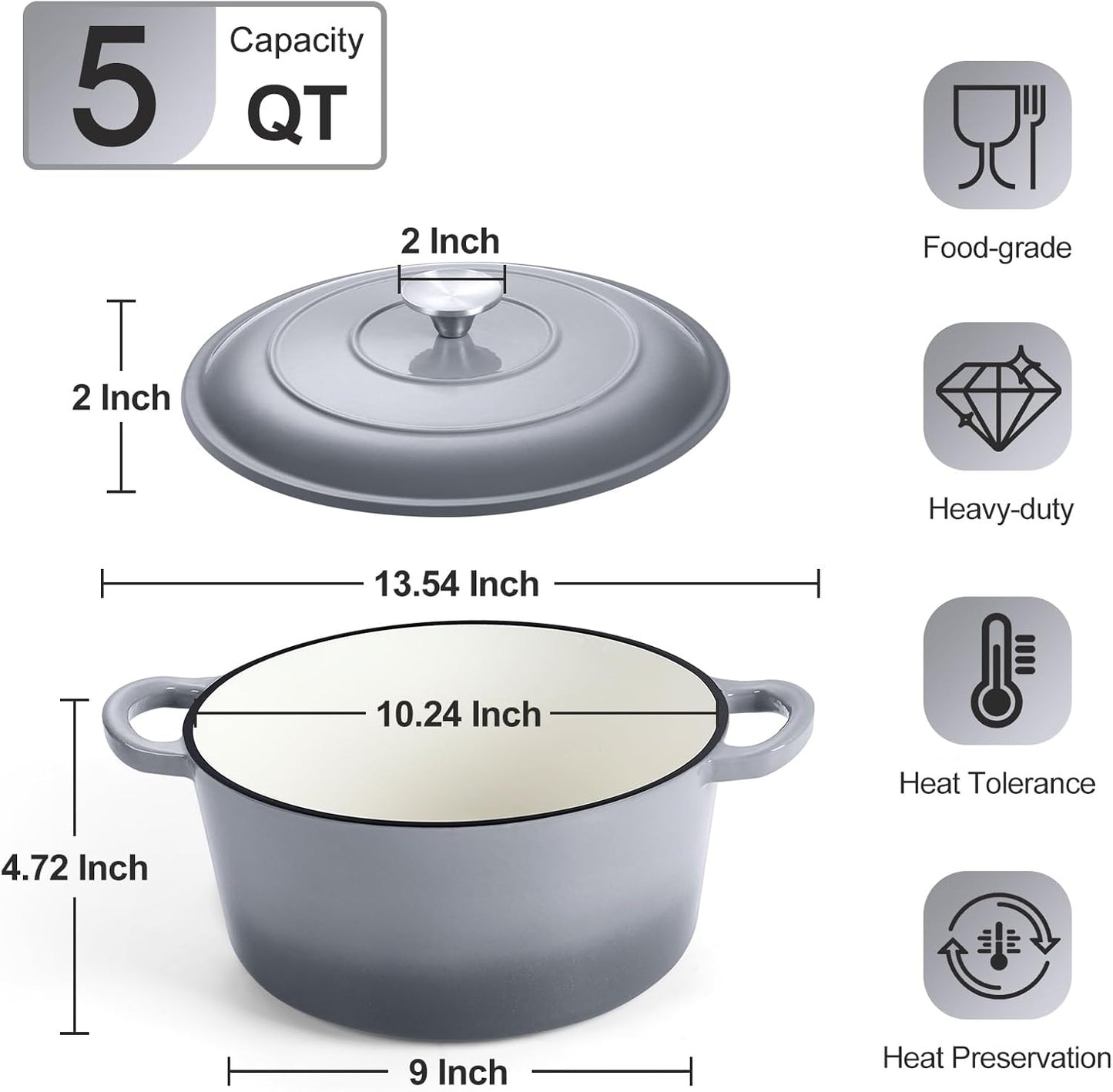 P&P CHEF 5QT Enameled Dutch Oven, Cast Iron Dutch Oven Pot with Lid for Bread Baking, Enameled Casserole Pot for Roasting Braising Stewing Frying Simmering, Various Stoves & Easy Clean, Grey