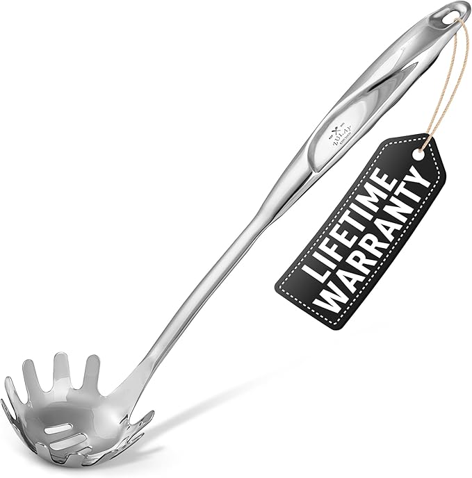 Zulay Kitchen Premium Stainless Steel Spaghetti Spoon - Pasta Spoon with Teeth - Metal Pasta Spoon - Pasta Fork Noodle Spoon - Easy to Use & Clean Pasta Utensil - 12’ Pasta Server